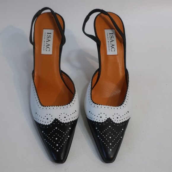 NWOB Womens Isaac Mizrahi Black White Leather Slingback Pumps Heels 8 - Picture 2 of 8